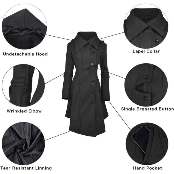 Women Black Wool Winter Goth Lapel Peacoat Outwear Thick Hood Trench Coat - Picture 5 of 7